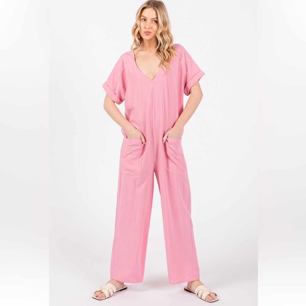 Solid Linen Short Sleeve V-neck Jumpsuit